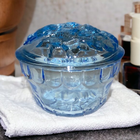 Vintage Blue Pressed Glass Jar Container with Lid Vanity Decor Floral Embossed - Picture 1 of 5